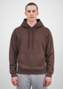 A brown men's hoodie featuring a front pocket and drawstring hood, worn by a male model.