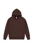 A brown hoodie with a front pocket, adjustable drawstrings, and a hood. It features a logo.