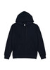 A navy women's hoodie featuring a front pocket and drawstring details, with a logo present.