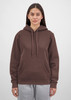 A brown women's hoodie with a front pocket, drawstring hood, and long sleeves, featuring a logo.