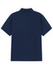 A navy blue short-sleeve polo shirt featuring a collar and a plain back, with a logo on the neck area.