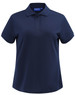 A navy short-sleeved polo shirt with a collar and buttons, featuring a logo on the chest area.