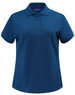 A navy blue ladies' classic cotton/poly pique short sleeve polo with a collar and a logo.