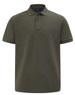 A men's classic short-sleeve polo in a deep olive green, featuring a collar and a placket with buttons. It has a logo.