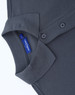 A grey short-sleeve polo shirt made of cotton and polyester, featuring a collar and button placket, with a logo.