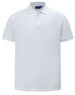 A white classic cotton/poly pique short-sleeve polo shirt with a collar and a logo.