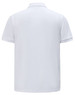 A white men's classic cotton/poly pique short-sleeve polo shirt with a logo on the back.