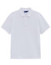 A white men's classic cotton/poly pique short-sleeve polo shirt with a collar and a logo.
