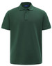 A green short-sleeve polo shirt made of cotton and polyester, featuring a collar and a logo.