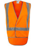 An orange safety vest featuring reflective stripes and a back tail design. It has a logo on it.
