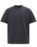 A black unisex heavy cotton oversized tee featuring a simple design and a round neckline. It has a logo on it.