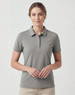 A grey ladies' polo shirt featuring a classic collar and short sleeves, with a logo on the chest.