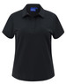 A black ladies' polo shirt with a stand-up collar, short sleeves, and a logo on the chest area.
