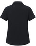 A black high performance polo shirt featuring a classic collar and a logo on the back.