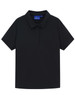 A black high-performance polo shirt with a collar and short sleeves, featuring a logo on the label.