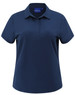 A navy high-performance polo shirt for women with a collar and short sleeves. Features a logo on the tag.