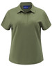 A ladies' high performance polo in olive green with a collar and short sleeves, featuring a logo on the upper side.
