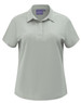 A ladies' high-performance polo in light grey with a collar and short sleeves. It features a logo on the neck.