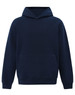 A unisex premium fleece oversized hoodie in navy blue, featuring a front pocket and a hood. It has a logo.