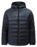 A lightweight hooded puffer jacket in navy blue with a zip front and a logo on the sleeve.