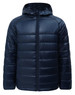 A navy blue lightweight hooded puffer jacket with a sleek finish and a zip front. Features a logo on the jacket.