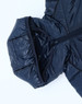 A navy hooded puffer jacket featuring a zip closure and a soft lining, with a subtle logo on the fabric.