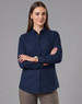 A navy blue long-sleeve cotton blend shirt for women, featuring a collared neckline and button-up front.