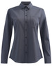 A ladies' smart casual long sleeve shirt in dark grey with a button-up front and a chest pocket. It has a subtle logo.