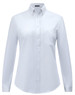 A white long-sleeved cotton blend shirt for women with a collar and a pocket on the chest. It features a logo.