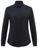 A black ladies' long-sleeve shirt featuring a button-up front and a chest pocket, with a logo on it.