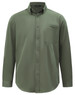 A men's smart casual long-sleeve shirt in olive green, featuring a button-down collar and a chest pocket.