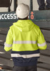 A unisex hi-vis full zip stretch taped hoodie in yellow and navy with reflective stripes, worn by a person in a hard hat.