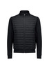 A black men's tailored jacket featuring a quilted front and smooth sleeves, with a zip closure and side pockets.