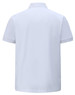A white men's ultrafine cotton pique polo shirt with short sleeves and a collar, featuring a logo on the back.
