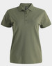 A green ladies ultrafine cotton pique polo featuring a collar and three buttons, with a logo on the chest.