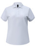A white ladies polo shirt made from ultrafine cotton pique fabric, featuring a polo collar and button placket.