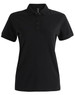 A black ladies' polo shirt made of ultrafine cotton pique, featuring a collared neckline and buttons, with a logo.