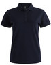 A navy blue ladies' ultrafine cotton pique polo with a collar and buttons, featuring a logo.