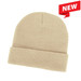 Acrylic beanie in a beige colour with a folded cuff. Features a logo on the side.