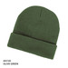 Olive green acrylic beanie with a fold-over cuff and textured fabric. Includes a logo.