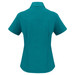 A teal short sleeve button-up shirt with a fitted silhouette and a collar. It features branding on the back.