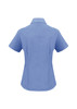 A short-sleeve blue button-up shirt with a fitted design, featuring a collar and a logo.