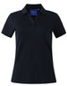 A black short sleeve polo shirt with a collar and three buttons, featuring a logo on the chest.