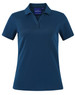 A teal short sleeve polo shirt with a collar and three button placket, featuring a branding logo.
