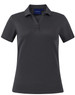 A grey short sleeve polo with a collar and three buttons, featuring a logo on the front.