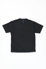 A black t-shirt featuring short sleeves and a logo on the label. The fabric appears smooth and lightweight.