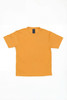 A plain orange t-shirt with short sleeves and a tag at the neckline, featuring a logo.