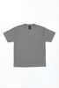 A grey t-shirt with a plain design and a label, featuring short sleeves and a crew neck.