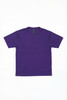 A purple t-shirt with short sleeves and a logo on the label. Plain design with a smooth texture.