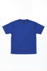 A blue T-shirt with a round neckline and short sleeves, featuring a logo on the label.